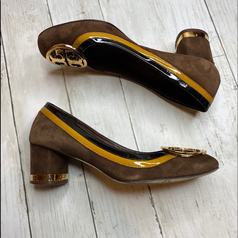 Tory Burch Brown Leather Block Pumps Gold Size 8.5